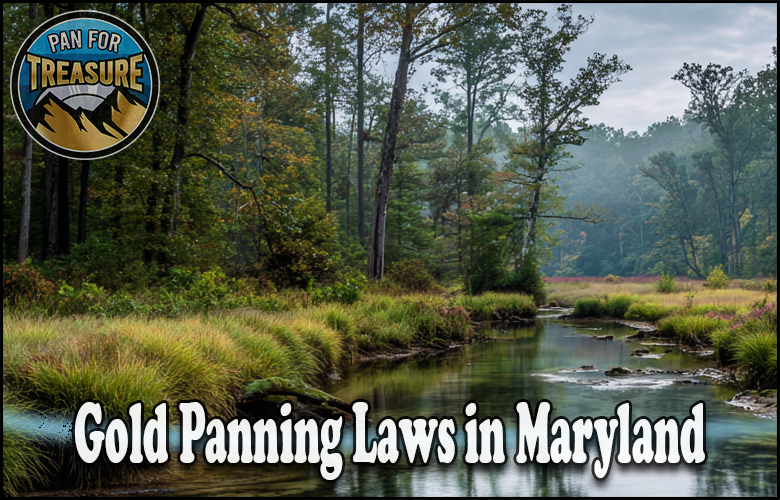 A forested stream scene features the text "Gold Panning Laws in Maryland" with a circular "Pan for Treasure" logo in the top left corner, highlighting essential regulations for gold panning enthusiasts.