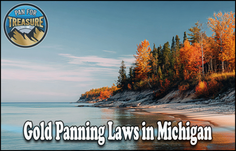 Lake Michigan shoreline with trees in autumn colors under a clear sky; text reads "Gold Panning Laws in Michigan," highlighting important regulations for treasure seekers, with a "Pan for Treasure" logo in the corner.