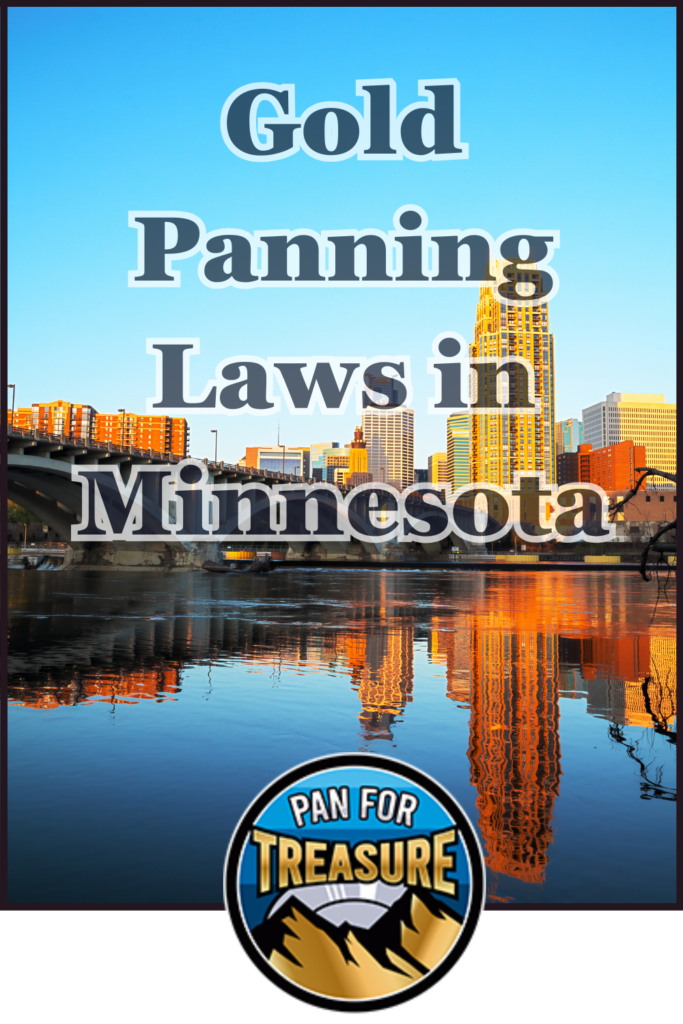 City skyline reflected in water with "Gold Panning Laws in Minnesota" text overlaid, highlighting the state's unique gold panning laws; "Pan for Treasure" logo featured at the bottom.