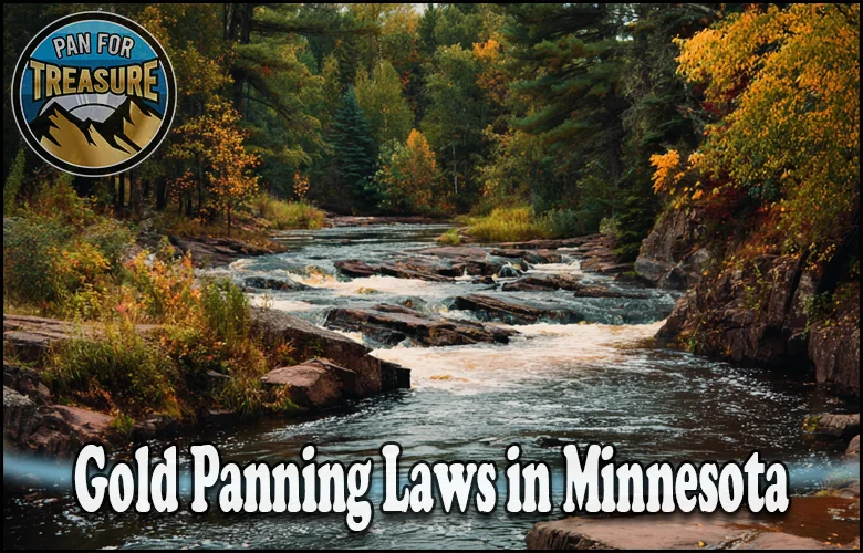 A river flows through a forest with autumn foliage. A badge says "Pan for Treasure." Text reads: "Explore Gold Panning Laws in Minnesota.