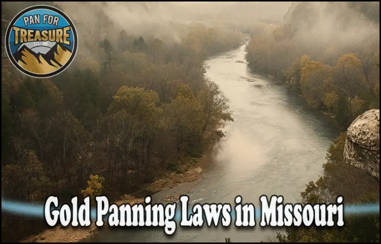 A river winds through a misty forest; text reads "Gold Panning Laws in Missouri," with a "Pan for Treasure" badge in the corner, inviting adventurers to explore the state's gold panning regulations.