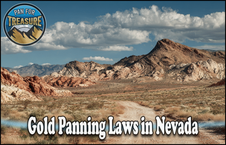 A dirt road winds through a rocky desert landscape beneath a partly cloudy sky, with text: "Gold Panning Laws in Nevada" and a logo reading "Pan for Treasure." Discover the rules for gold prospecting in this stunning scenery.