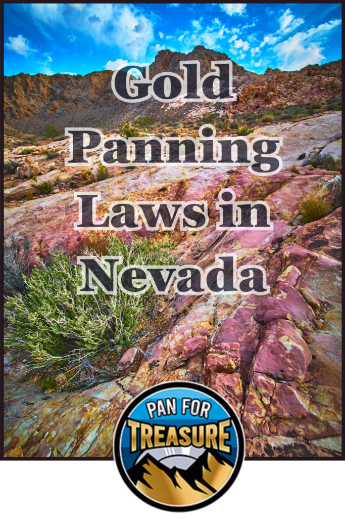 Rocky desert landscape beneath dramatic clouds, overlaid text reads "Gold Panning Laws in Nevada"; a circular "Pan for Treasure" logo sits at the bottom, highlighting regulations for gold seekers in Nevada.