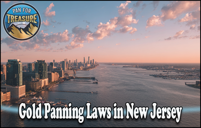 Aerial view of a city waterfront at sunset with the text "Gold Panning Laws in New Jersey" highlighting local regulations, plus a "Pan for Treasure" logo in the corner.