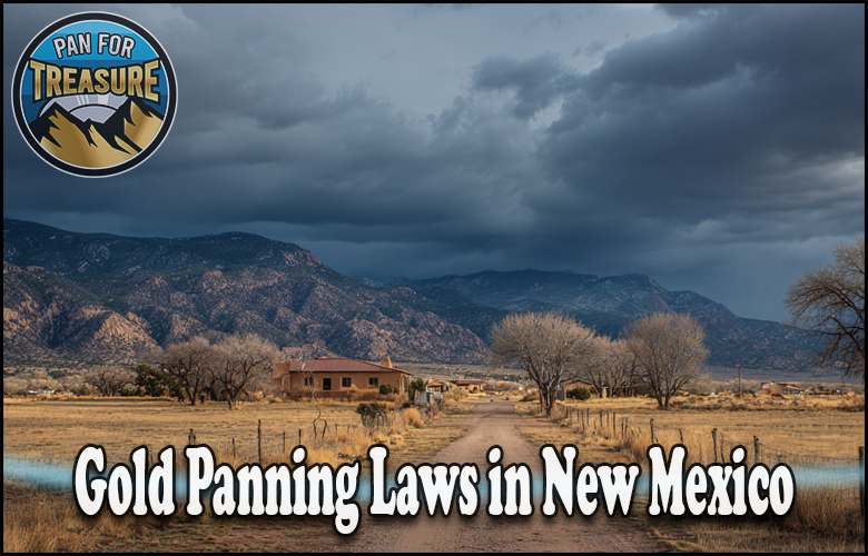 A rural New Mexico landscape with mountains, cloudy sky, and a distant house sets the scene for text: "Gold Panning Laws in New Mexico." The top left corner features the "Pan for Treasure" logo.