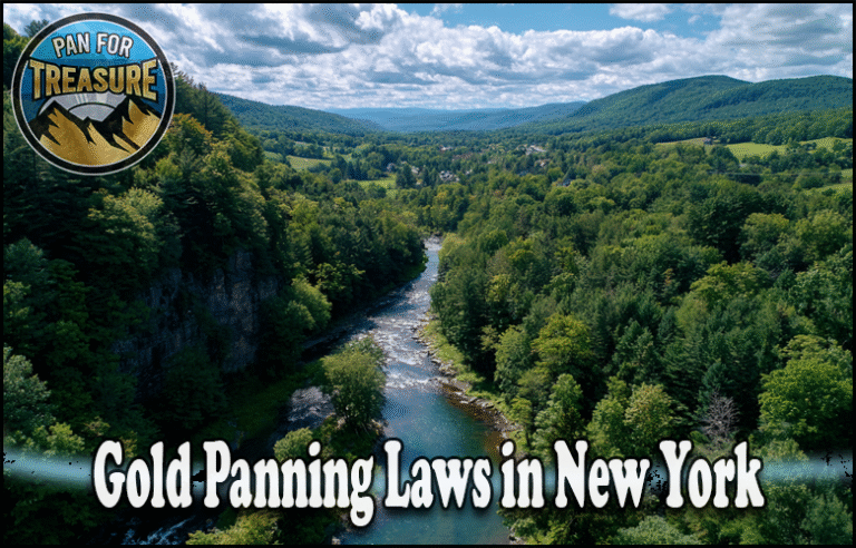 A river winds through a lush, forested valley beneath a partly cloudy sky, with "Gold Panning Laws in New York" and a bold "Pan for Treasure" logo displayed.