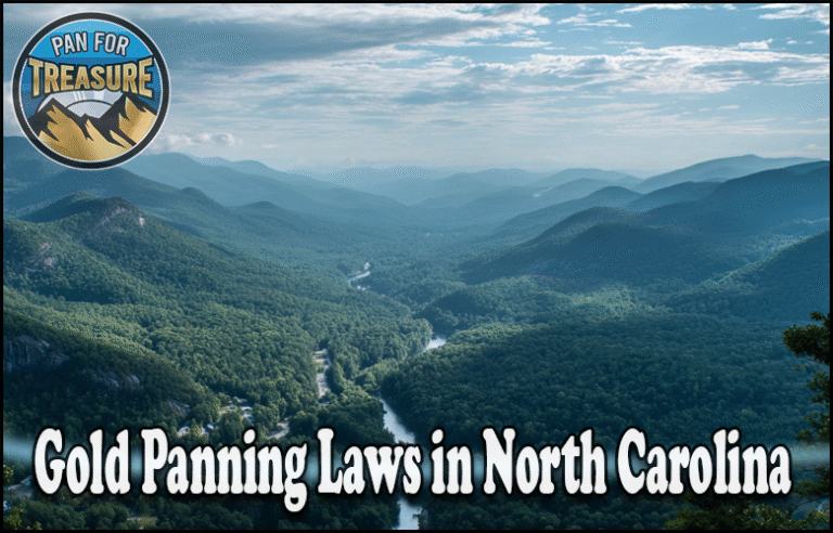 A river winds through forested mountains under a cloudy sky, highlighting "Gold Panning Laws in North Carolina" with a "Pan For Treasure" logo featured.
