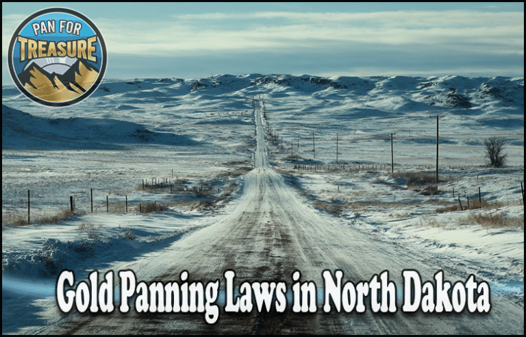 A long, snowy rural road winds through a winter landscape, with bold text highlighting Gold Panning Laws in North Dakota and a "Pan For Treasure" logo in the corner.