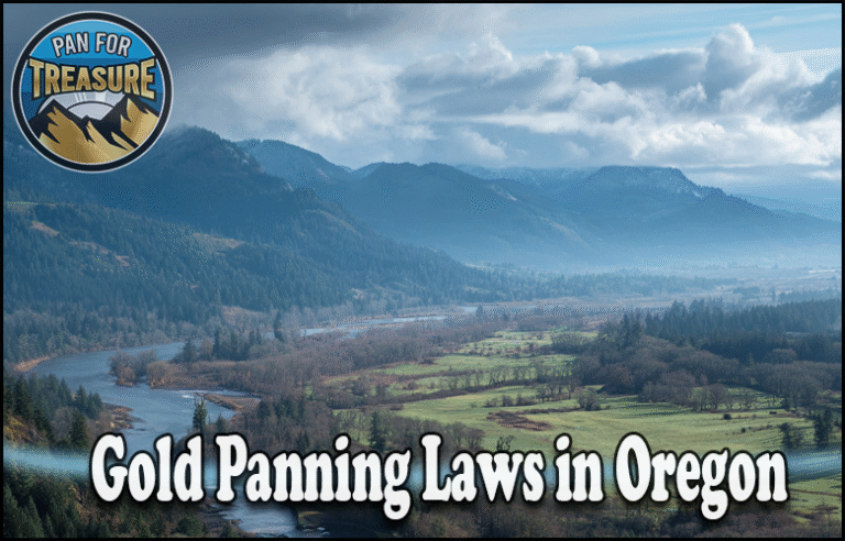 A wide river winds through a lush, mountainous Oregon landscape under cloudy skies, with the text "Gold Panning Laws in Oregon" highlighting key regulations for prospectors and a "Pan for Treasure" badge in the corner.