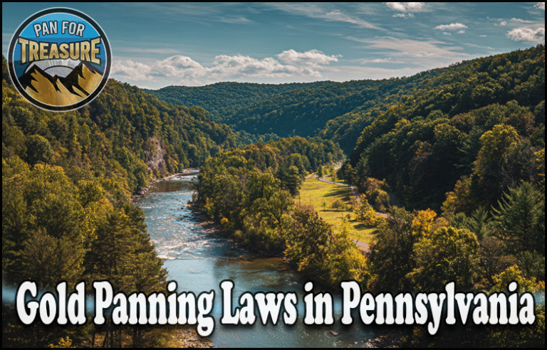 A scenic river winds through a forested valley with hills, featuring the text "Gold Panning Laws in Pennsylvania" to highlight important regulations, and a "Pan For Treasure" logo in the top left corner.