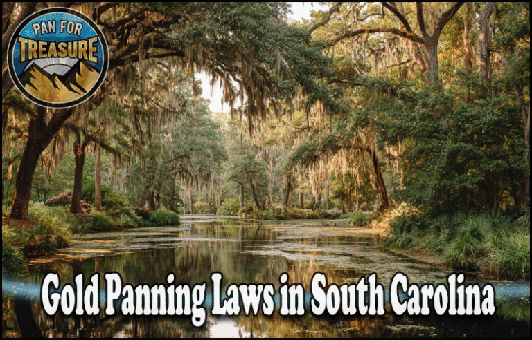 A calm river flows through a forest with hanging moss. The "Pan for Treasure" logo sits at the top left. Text reads: Discover Gold Panning Laws in South Carolina.