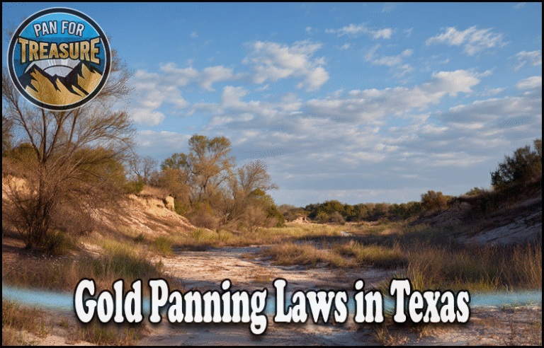A dry riverbed under a blue sky with trees and shrubs; text reads "Gold Panning Laws in Texas," highlighting essential regulations for prospectors, with a "Pan For Treasure" logo in the corner.