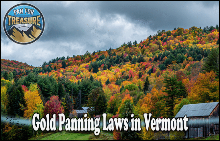 A landscape of colorful autumn trees and barns features the text "Gold Panning Laws in Vermont" with a "Pan for Treasure" logo in the top left corner, highlighting essential rules for gold seekers.