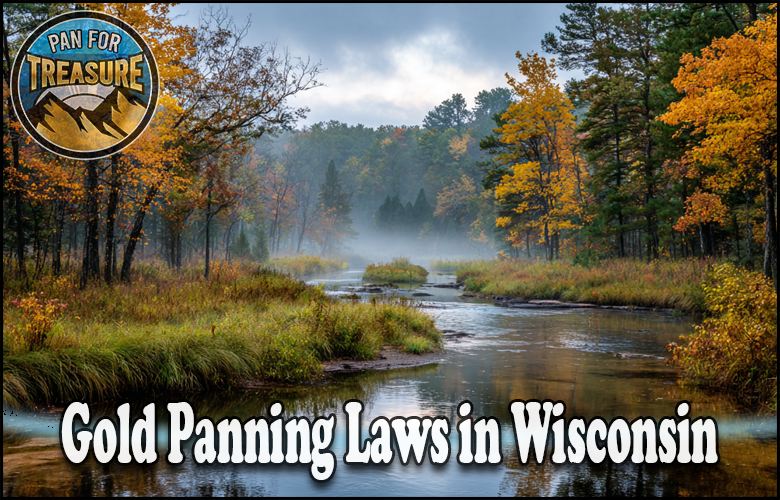 A river flows through a misty forest with vibrant fall foliage; text reads “Gold Panning Laws in Wisconsin,” highlighting where enthusiasts can pan for treasure. The “Pan for Treasure” logo is displayed in the top left corner.