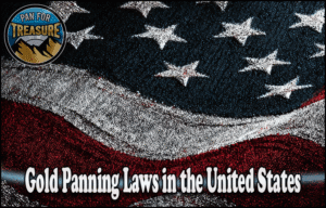 A textured image of the American flag features a round "Pan For Treasure" logo in the top left and the text "Gold Panning Laws in United States" displayed at the bottom.
