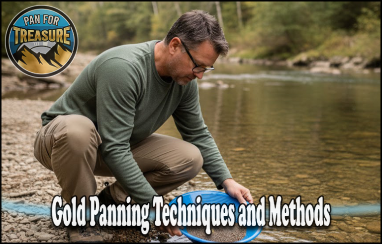 A man kneels by a riverbank, using expert gold panning techniques with a blue pan; text reads “Gold Panning Techniques and Methods.” Logo in corner says, “Pan for Treasure.”.