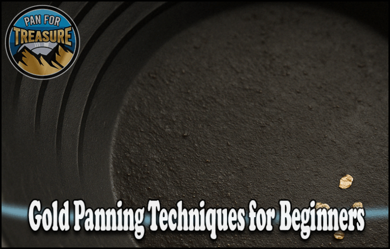 A black gold pan with a few small gold nuggets, featuring a "Pan for Treasure" logo and the text "Gold Panning Techniques for Beginners"—perfect for learning the basics of gold panning.