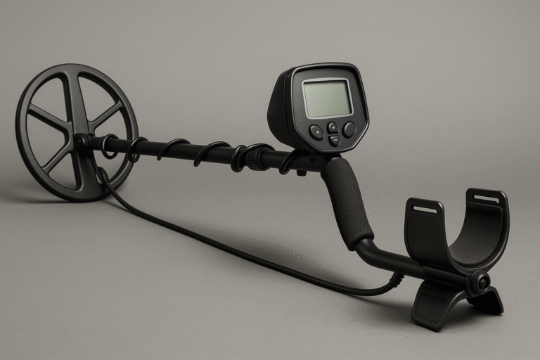 A black metal detector with a digital display, circular search coil, and armrest—similar to popular Gold Prospecting Detector Brands—is placed on a plain gray surface.