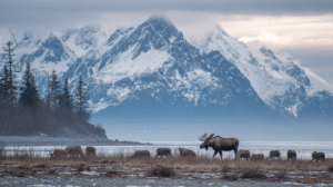 A herd of caribou and a moose graze on tundra beneath snow-covered mountains and a cloudy sky, exemplifying the importance of minimizing environmental impact in fragile Arctic ecosystems.