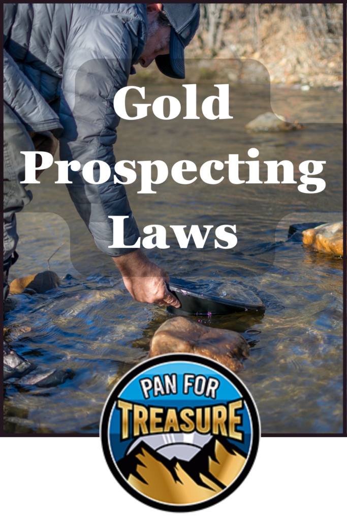 A person engaging in gold prospecting while adhering to legal regulations, holding a pan in a river.