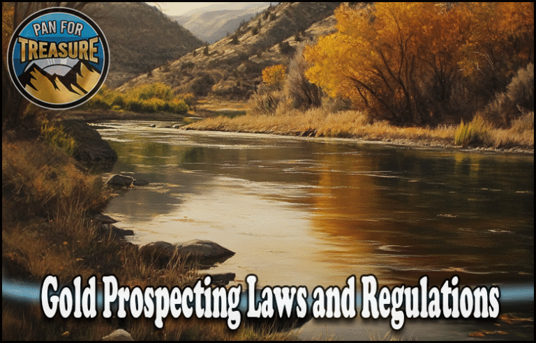 A river winds through autumn trees with hills behind; "Gold Prospecting Laws and Regulations" appears as text, alongside a "Pan for Treasure" badge on the image.