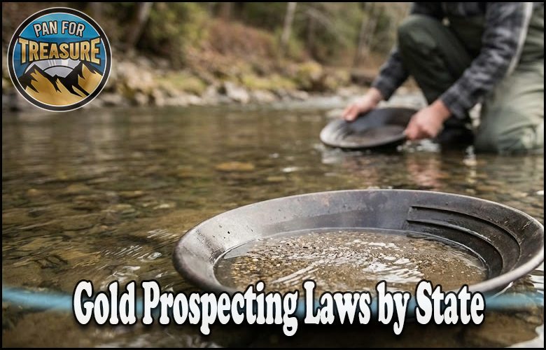 A person panning for gold in a shallow river, with "Gold Prospecting Laws by State" displayed and a "Pan for Treasure" logo in the corner, highlights regulations every treasure hunter should know.