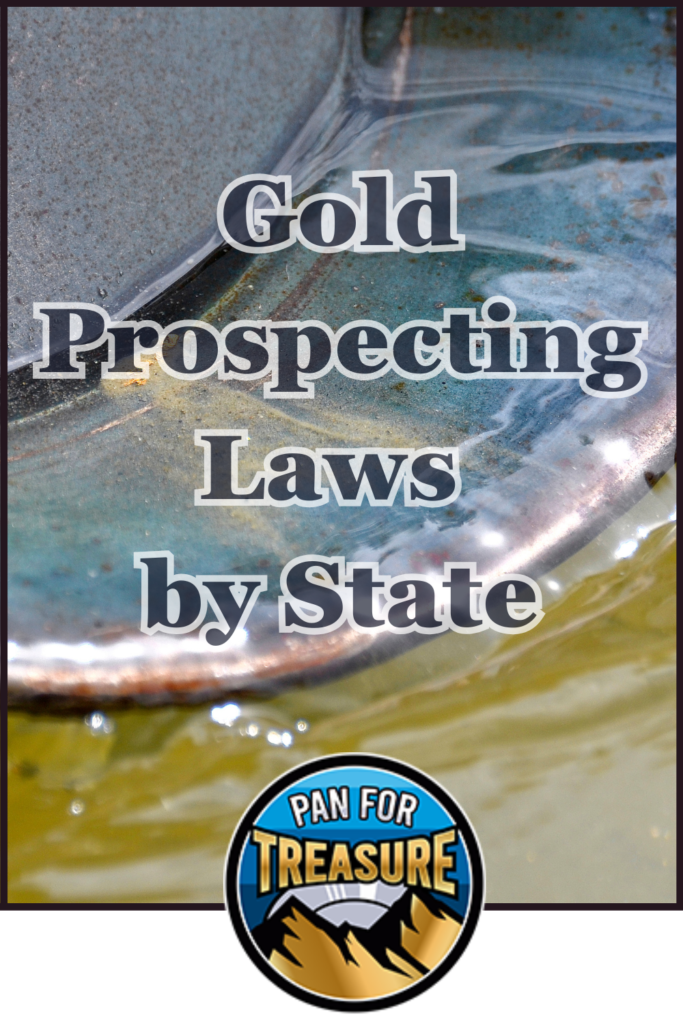 Close-up of a gold pan swirling water and sediment, overlaid with the text "Gold Prospecting Laws by State" and a "Pan for Treasure" logo at the bottom. Perfect visual guide for learning Gold Prospecting Laws by State.