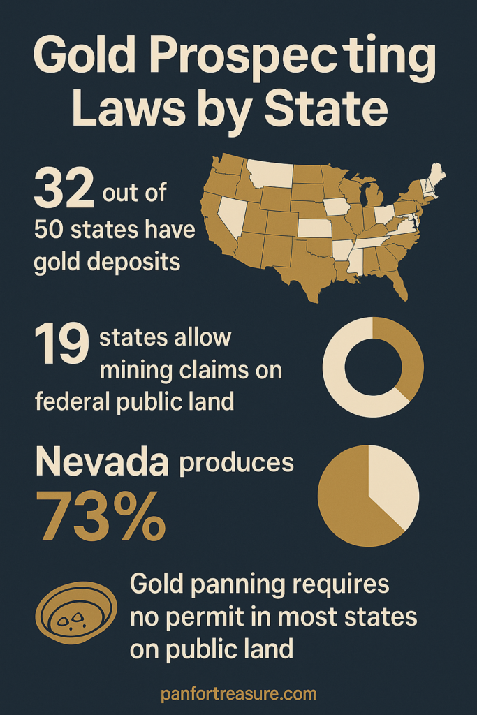 Gold Panning Laws by State Infographic titled "Gold Panning Laws by State" with a US map, key statistics on gold deposits, mining claims, Nevada’s gold output, and state-specific gold panning permit requirements.