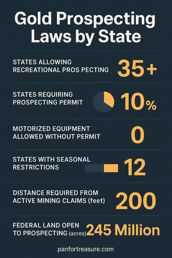 Infographic on Gold Prospecting Laws by State: over 35 states allow it, 10% require permits, none allow motorized equipment without a permit, 12 have seasonal restrictions, a 200 ft distance rule, and 245M acres are open.