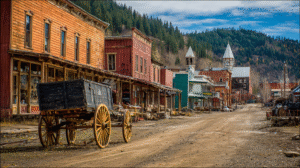 A dirt road runs through a historic western town with wooden storefronts, an old wagon, and forested hills in the background—a vivid reminder of the Gold Rush Legacy under a partly cloudy sky.