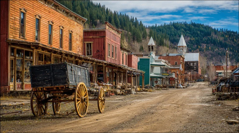 A dirt road runs through a historic western town with wooden storefronts, an old wagon, and forested hills in the background—a vivid reminder of the Gold Rush Legacy under a partly cloudy sky.