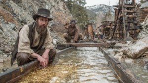 Two men in old-fashioned clothes pan for gold in a rocky stream, evoking classic Gold Rush Stories, with wooden mining structures and mountains visible in the background.