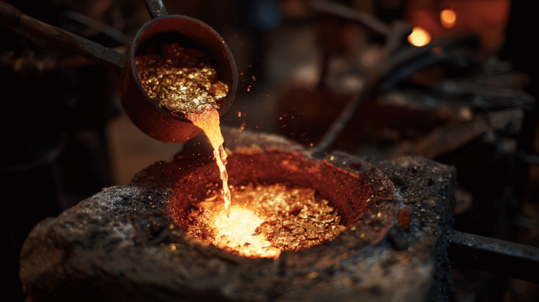 Molten gold is being poured from a crucible into a mold, surrounded by glowing heat, metalwork equipment, and DIY gold testing tools.