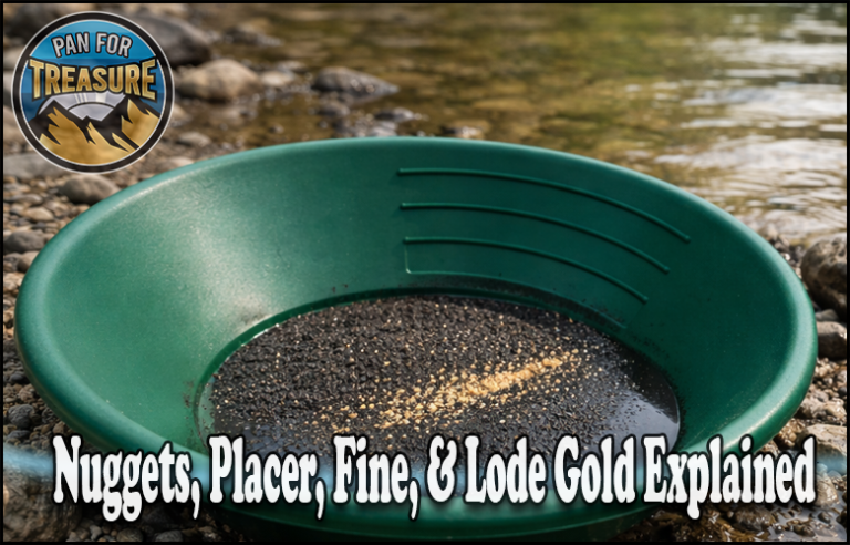 A green gold pan with black sand and small gold pieces sits on river rocks by the water; text reads, "Nuggets, Placer, Fine, & Lode Gold Explained—Your Gold Types Guide.