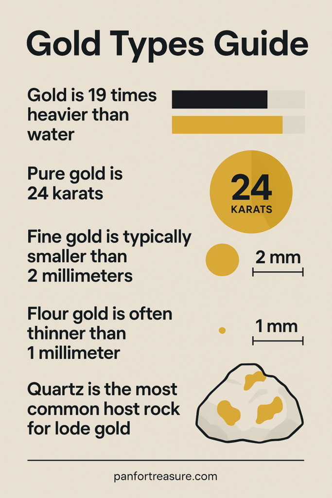 Gold Types Guide: Infographic detailing types of gold, their sizes, weights, purity (24 karats for pure gold), and noting quartz as a common host rock for lode gold.