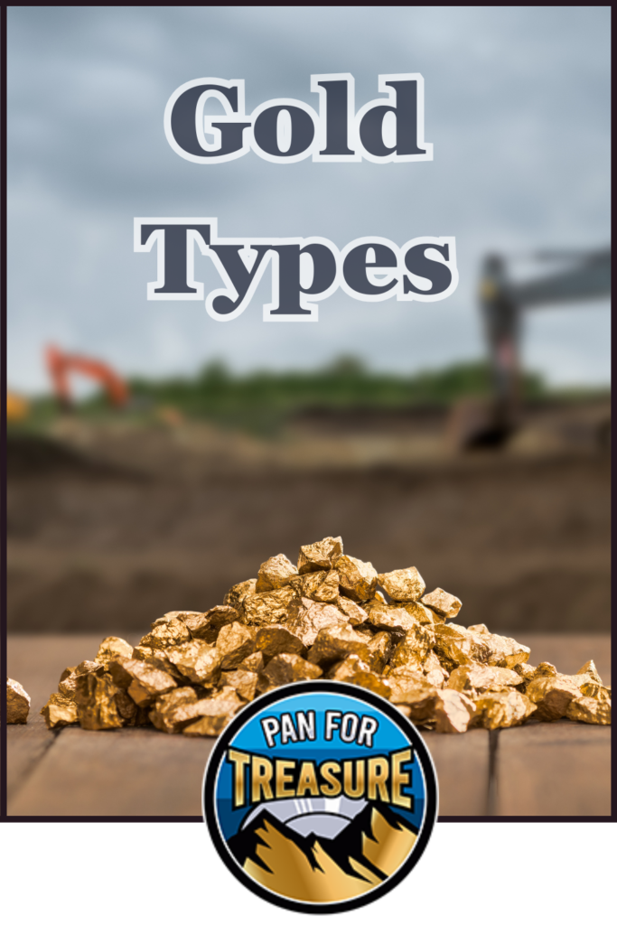 A pile of gold nuggets in the foreground, with "Gold Types Guide" text above and a "Pan for Treasure" logo at the bottom; blurred mining equipment in the background.