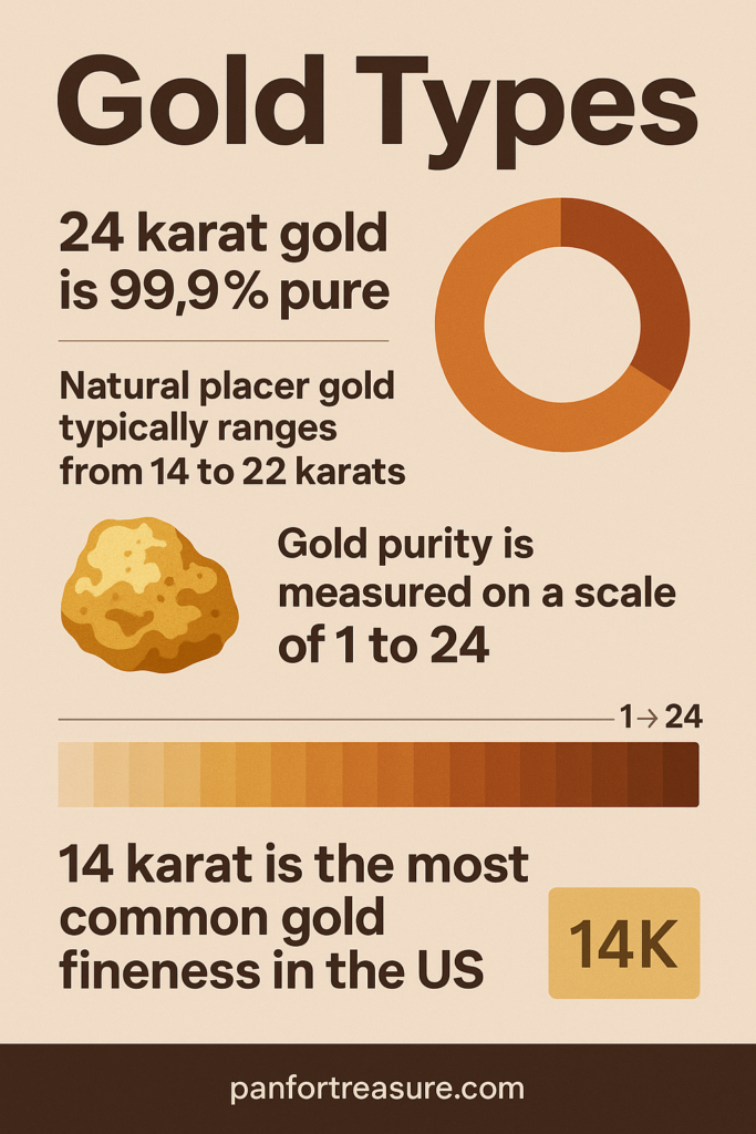 Infographic outlining Gold Types, purity scale (1-24 karats), gold percentages, and highlighting that 14 karat is the most common gold fineness in the US.