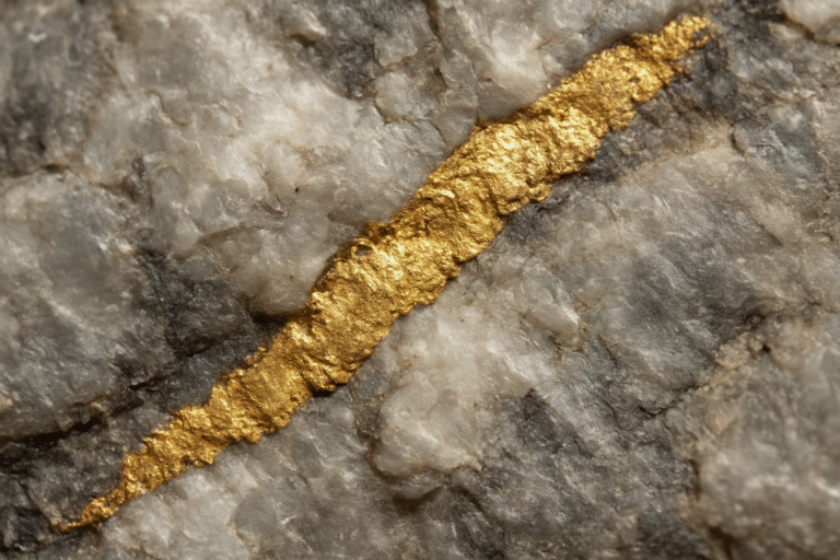 A vein of gold running through a piece of gray and white quartz rock offers fascinating geological insights.