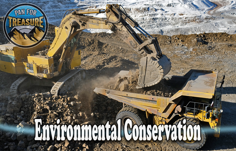 An image of a bulldozer and a dump truck emphasizing Environmental Conservation.