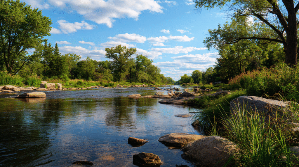 A calm river flows through a lush, green landscape with trees and rocks under a partly cloudy blue sky-leaving you to wonder, is there gold in Minnesota hidden along its banks?.