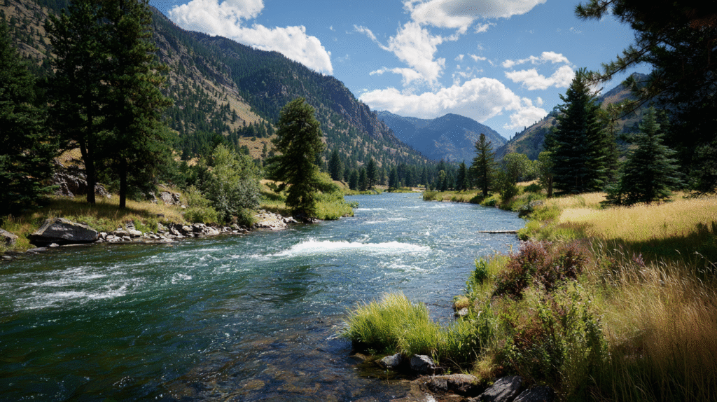 A clear river flows through a valley with green trees and grassy banks, surrounded by forested mountains under a blue sky with scattered clouds-prompting many to wonder: is there gold in Montana’s beautiful landscape?.