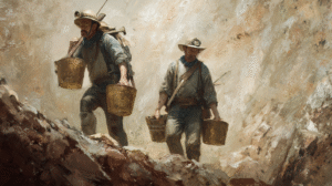 Two miners wearing hats and headlamps carry metal buckets while walking up a rocky, dusty slope, evoking the timeless quest for gold in myth and legend.