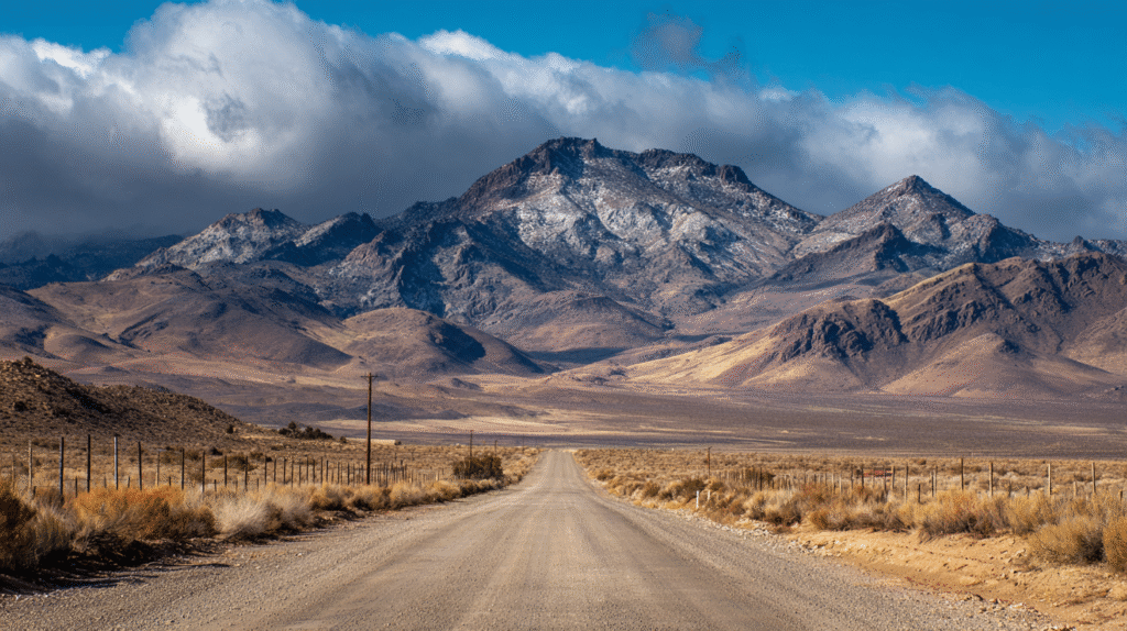 A dirt road runs through a dry, open plain towards rugged, snow-dusted mountains under a partly cloudy sky-hinting at the wild landscapes where many have wondered: is there gold in Nevada?.