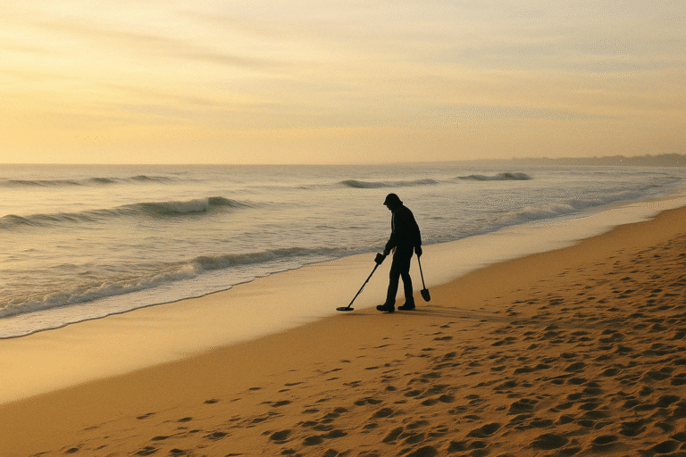 A person uses a metal detector with ground balancing for gold prospecting to search the sandy shoreline near the water’s edge at a beach during sunset.