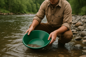 A person kneels by a river, panning for gold using a green plastic pan partially filled with sediment—perhaps testing out High-Grade vs. Budget Gold Panning Kits in search of hidden treasures.