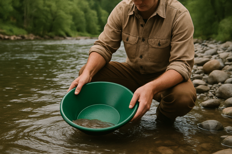 A person kneels by a river, panning for gold using a green plastic pan partially filled with sediment—perhaps testing out High-Grade vs. Budget Gold Panning Kits in search of hidden treasures.