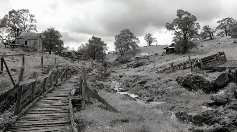 A weathered wooden footbridge crosses a narrow creek in a rural landscape with scattered trees, rustic buildings, and fenced paddocks under a cloudy sky, evoking scenes from classic Gold Rush Literature.