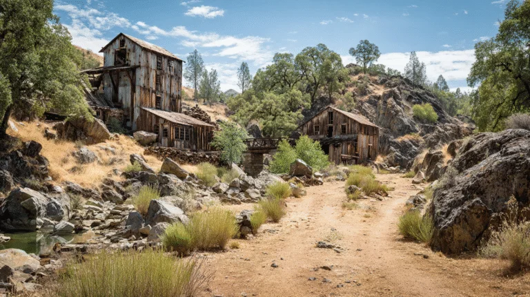 Abandoned wooden and metal buildings, remnants of Historical Gold Rushes, stand amid rocky terrain and sparse vegetation under a partly cloudy sky.
