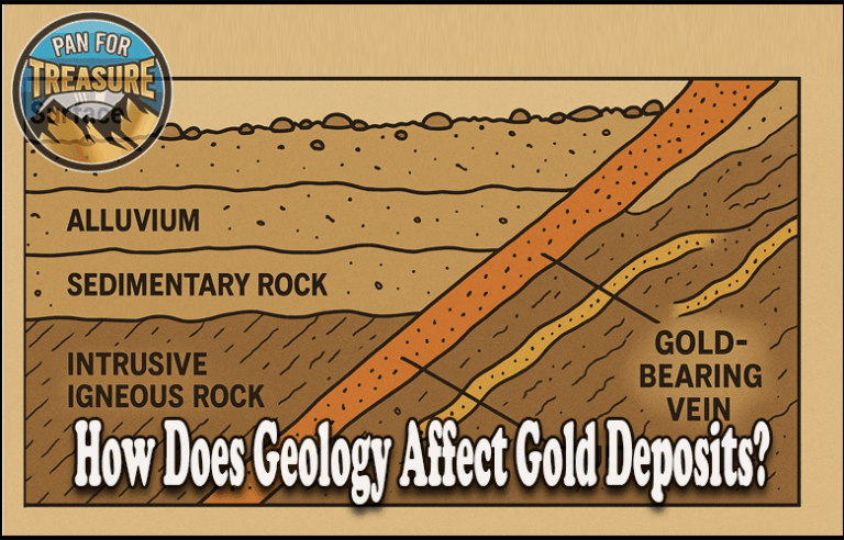 A cross-sectional diagram shows layers of alluvium, sedimentary rock, intrusive igneous rock, and a gold-bearing vein, with the text: "How Does the Geology of an Area Influence Gold Deposits?.