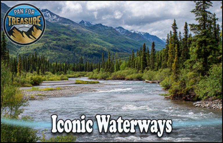 A clear mountain river flows through a forested landscape with snow-capped peaks in the background, highlighting Iconic Waterways for Successful Prospecting; “Iconic Waterways” and “Pan for Treasure” text overlays are present.